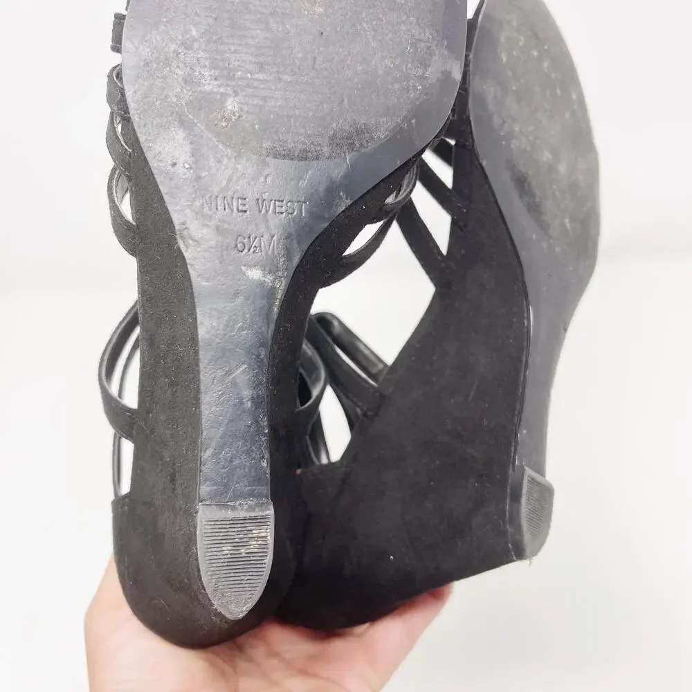 Nine West 6.5 Black Faux Suede Roseo Strappy Wedge Sandals Heeled Zip Back